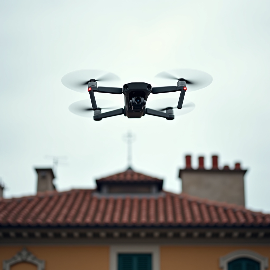Drone professionale in volo per rilievo fotogrammetrico di edificio