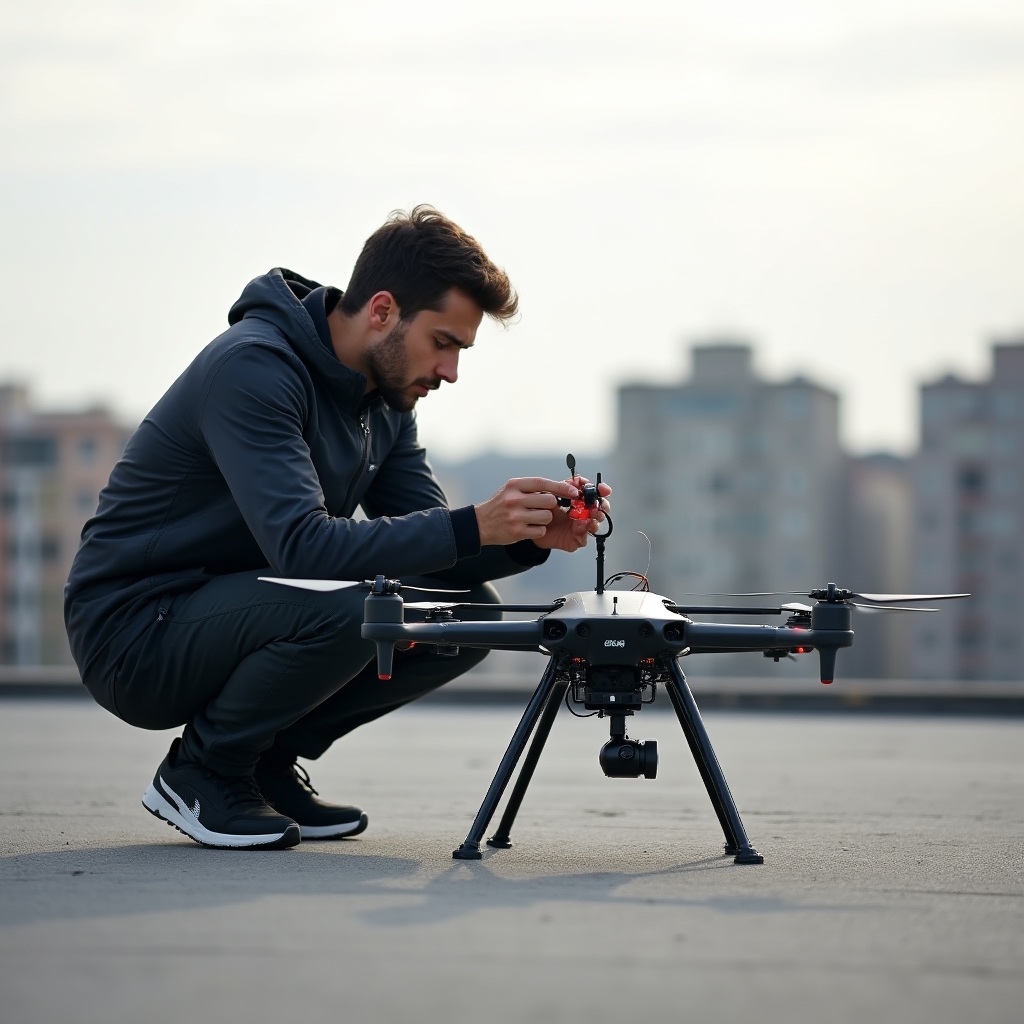 Tecnico che prepara drone RTK per missione fotogrammetrica su tetto