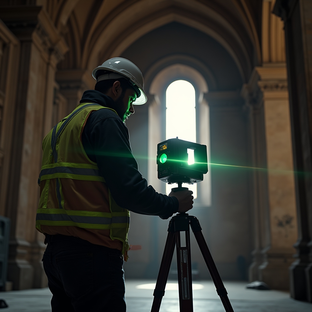 Operatore con laser scanner durante rilievo di un edificio storico
