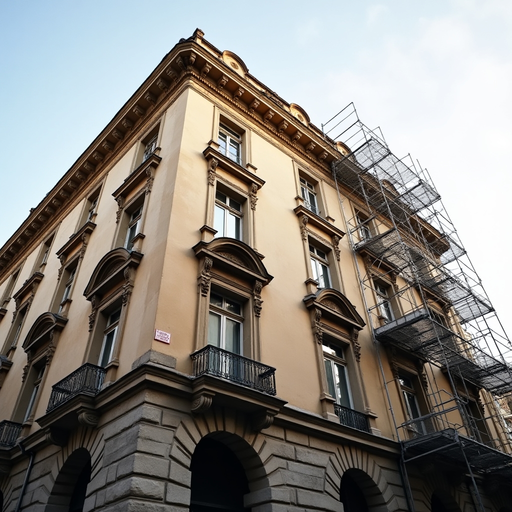 Facciata di edificio storico milanese in fase di ristrutturazione