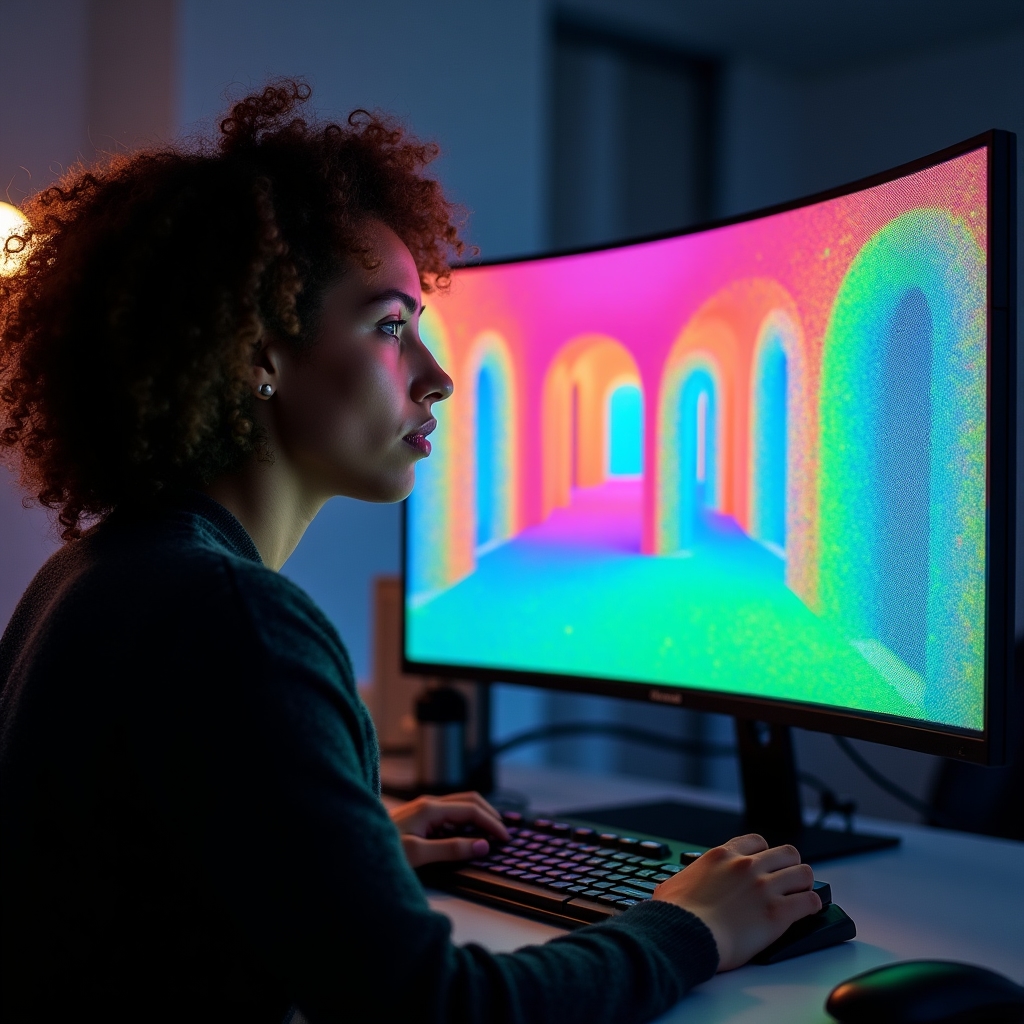 Schermo con elaborazione di nuvola di punti 3D colorata di un edificio